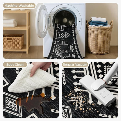 Joydeco Moroccan 5x7 Western Black and White Rugs for Living Room, Washable Soft Aztec Rug for Bedroom, Low Pile Distressed Modern Carpet for Dining Room Playroom Office Home Decor