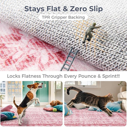 OPPODREAM Vintage Pink Area Rugs 6x9, 6 x 9 Retro Washable Rug Non Slip, Low-Pile Faux Wool Carpet, Distressed Floor Mat for Living Room, Bedroom, Kitchen, Office, Dorm, Dinning Room