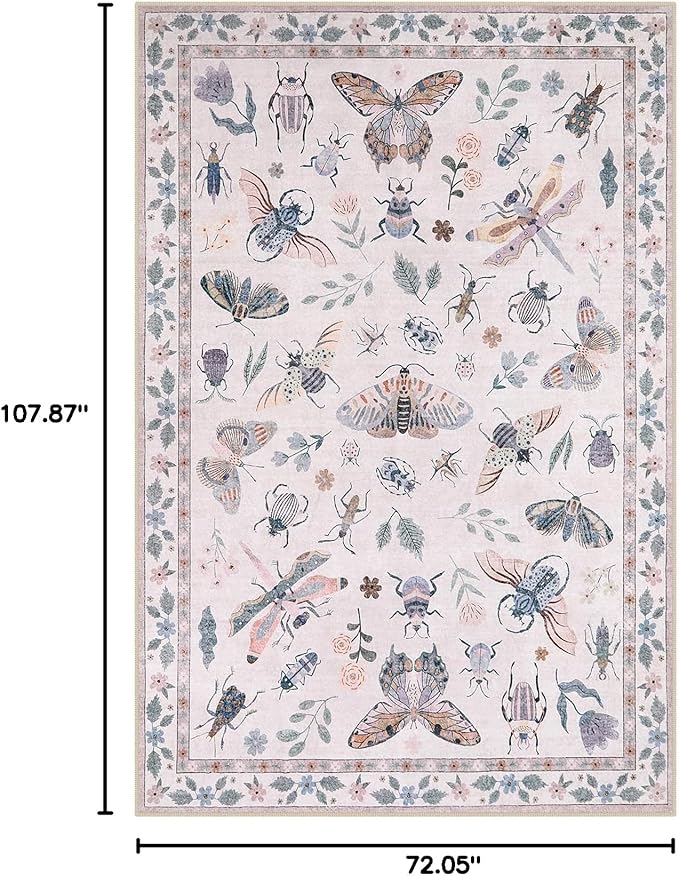 Lahome Insect Print Washable Rugs for Living Room, Soft 6x9 Pink Rug for Bedroom Ultra-Thin Non Slip, Stain Resistant Large Carpet for Dining Room Nursery Classroom Vionnet(6'x9',Pink)