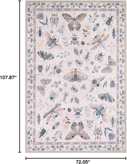 Lahome Insect Print Washable Rugs for Living Room, Soft 6x9 Pink Rug for Bedroom Ultra-Thin Non Slip, Stain Resistant Large Carpet for Dining Room Nursery Classroom Vionnet(6'x9',Pink)