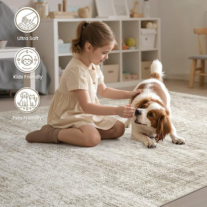EIEIHOUSE Washable Area Rugs for Living Room -6x9 Neutral Vintage Distressed Floral Farmhouse Boho Large Soft Floor Rug Indoor Non Slip Carpet for Living Room Bedroom Dining Room Office-Beige