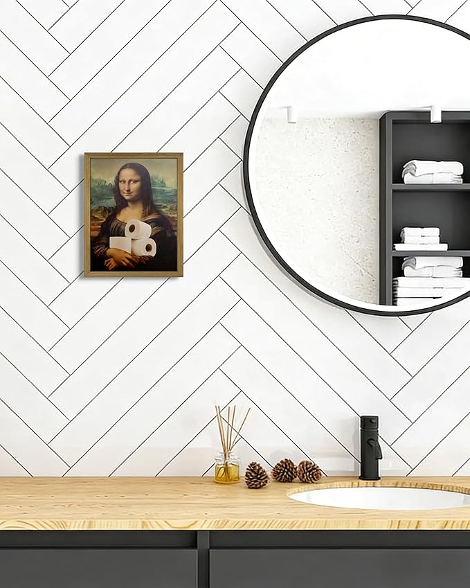 XYHYRA Vintage Mona Lisa Bathroom Wall Art, Funy Abstract Mona Lisa Paper Roll Wall Decor, Humor Amusing restroom Canvas Print Painting for Toilet Bathroom Home Decor 8x10 Inch Framed