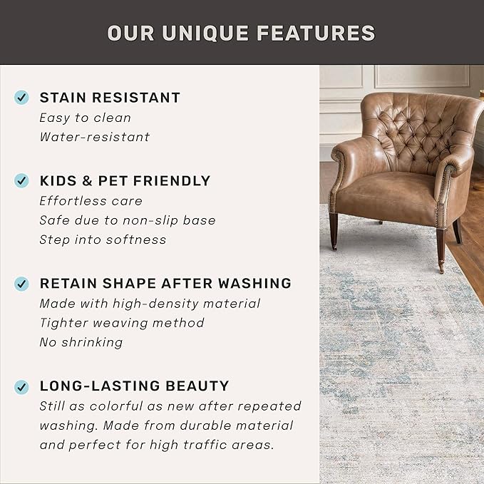 Hazo Haus Washable 6x9 Bedroom Rug - Blue Grey Modern Rug for Living Room, Dining Room Table, Non Slip Soft Faded Print Mat