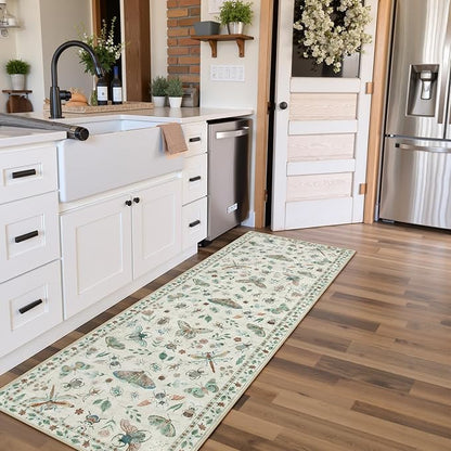 Lahome Insect Kitchen Runner Rugs Non Skid Washable, 2x6 Soft Washable Runner Non Slip, Ultra-Thin Hallway Rug Stain Resistant Carpet for ‎Laundry Bathroom Bedroom Vionnet(2x6ft,Beige)