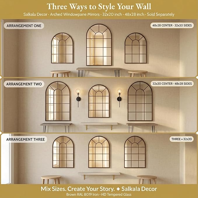 Brown Framed 48x28Inch Arched Window Pane Mirror| Arched Mirrors for Wall & Floor | Arch Mirror Full Length for Entryway Living Room & Bedroom | Oversized Mirrors | Wall Art Decorative |Farmhouse