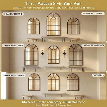 Brown Framed 48x28Inch Arched Window Pane Mirror| Arched Mirrors for Wall & Floor | Arch Mirror Full Length for Entryway Living Room & Bedroom | Oversized Mirrors | Wall Art Decorative |Farmhouse