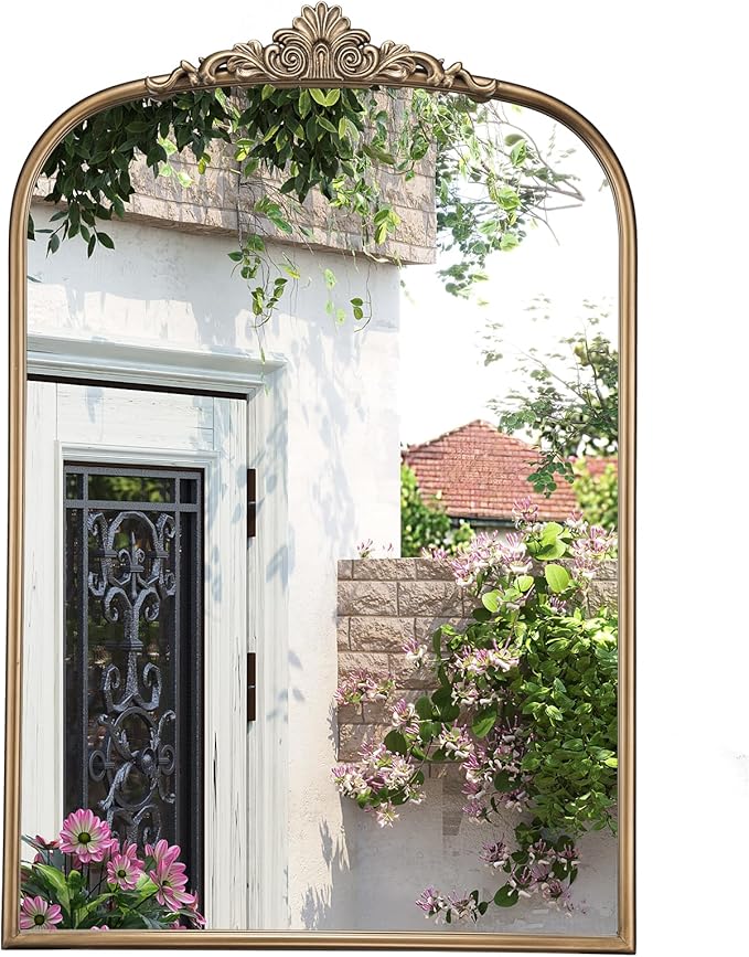 30" x 40" Antique Gold Arched Mirror for Wall, Vintage Brass Bathroom Tempered Mirror with Metal Frame, Bronze Ornate Gold Vanity Mirror for Entryway, Mantel, Powder Room