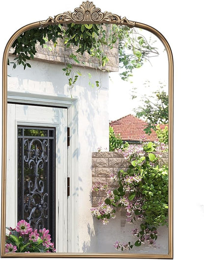 30" x 40" Antique Gold Arched Mirror for Wall, Vintage Brass Bathroom Tempered Mirror with Metal Frame, Bronze Ornate Gold Vanity Mirror for Entryway, Mantel, Powder Room