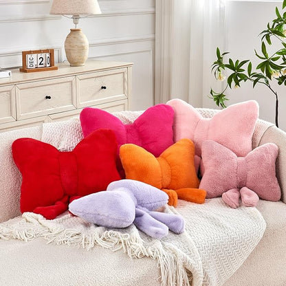 XVTRU Bow Pillow, Soft Bow Decorative Pillows with Faux Rabbit Fur, Cute Bow Throw Pillows, Aesthetic Home Decor Bow Shaped Plush Pillow for Bedroom Sofa Couch (Orange, Small-12 Inch)