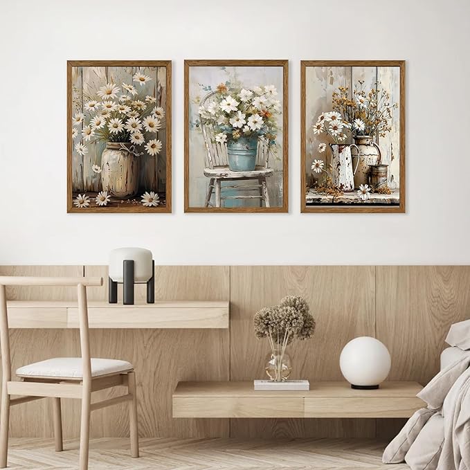 DUWQU 3 Pieces Framed Elegant Farmhouse Canvas Wall Art, Vintage Floral Pictures Wall Decor, Nature Themed Daisy Art Prints for Living Room Bedroom Kitchen and Office Ready to Hang 20×30 Inches