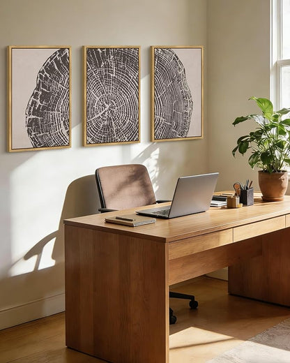 PHOPAGO Farmhouse Vintage Framed Wall Art Large 16x24in Set Gray Wood Tree Ring Spirals Nature Abstract Drawings Rustic Modern Art Decor for Living Room Bedroom - Natural Framed