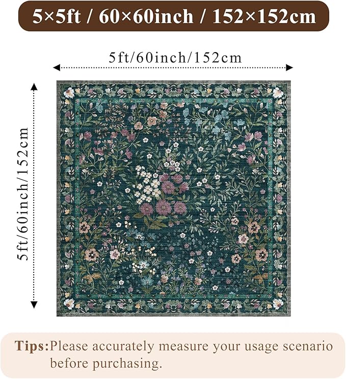 5x5 Living Room Area Rug Washable: Floral Non-Slip Mats for Indoor Floor Entryway Dining Room Bedroom - Soft Thin Carpet for Vintage Neutral Home Decor (5ft Square, Green)