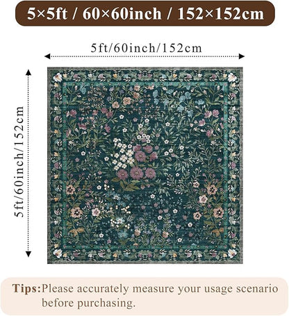 5x5 Living Room Area Rug Washable: Floral Non-Slip Mats for Indoor Floor Entryway Dining Room Bedroom - Soft Thin Carpet for Vintage Neutral Home Decor (5ft Square, Green)