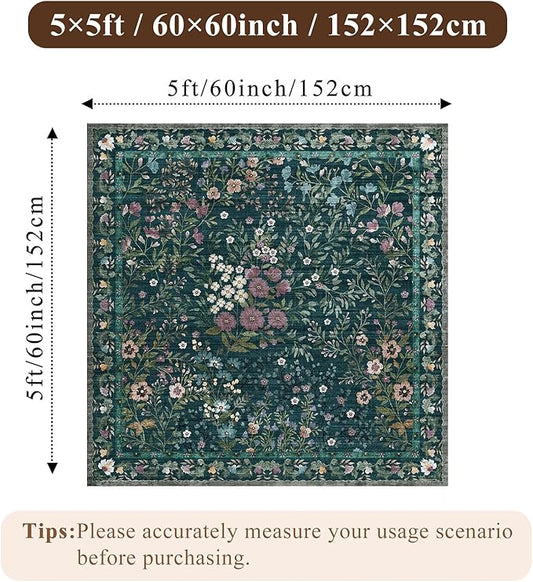 5x5 Living Room Area Rug Washable: Floral Non-Slip Mats for Indoor Floor Entryway Dining Room Bedroom - Soft Thin Carpet for Vintage Neutral Home Decor (5ft Square, Green)