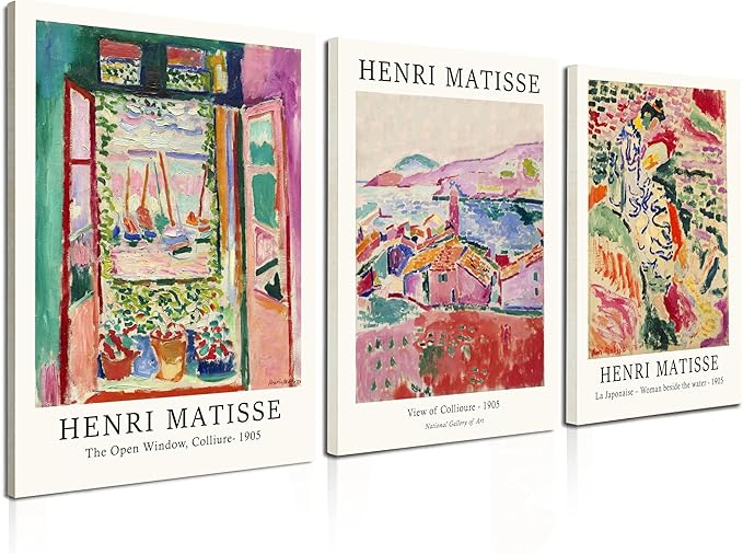 Induslyfe Framed Retro Vintage Wall Art Canvas Decor Set of 3, Matisse Prints Poster Mid Century Modern Art, Sage Green Aesthetic Floral Botanical for Bedroom Living Room Bathroom 12x16