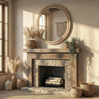 36" Large Round Wood Mirror for Living Room Fireplace, Big Solid Wood Wall Mirror - Oversized Boho Beaded Circle Mirror for Entryway Console & Dining Room