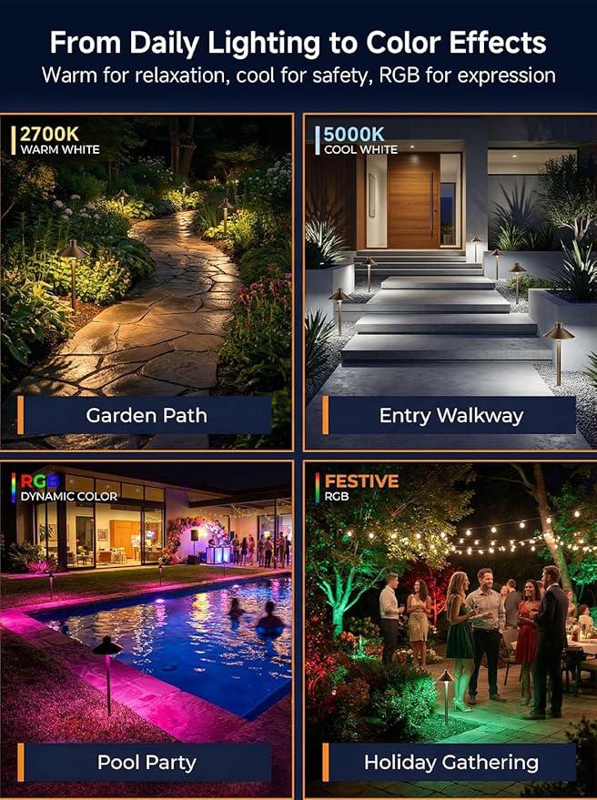 Gardenreet Brass RGBCW Low Voltage Path Light, 12v Smart Landscape Lighting with Dimmable Warm & Cool White 2700k-6500k LED G4 Bulb, App Control Multi-Color for Outdoor Walkway Yard, Bronze 2 Pack