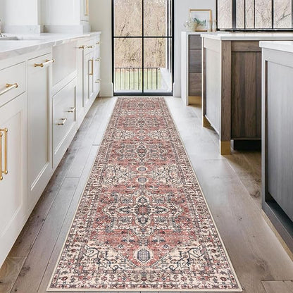 KOZYFLY Long Runners for Hallways 2x10 Ft Washable Kitchen Runner Rug Boho Style Entryway Rug Indoor Printed Faux Wool Stair Runner Carpet for Stairs Bedroom Kitchen Hall, Red Salmon/Pink/Navy