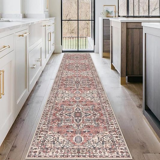 KOZYFLY Long Runners for Hallways 2x10 Ft Washable Kitchen Runner Rug Boho Style Entryway Rug Indoor Printed Faux Wool Stair Runner Carpet for Stairs Bedroom Kitchen Hall, Red Salmon/Pink/Navy