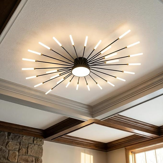 Modern Ceiling Light LED Flush Mount Ceiling Light for Living Room,Kitchen,Dining Room,Bedroom Fireworks Design Dimmable with Remote Control & Memory Function Lighting Fixture (Black,28 Light)