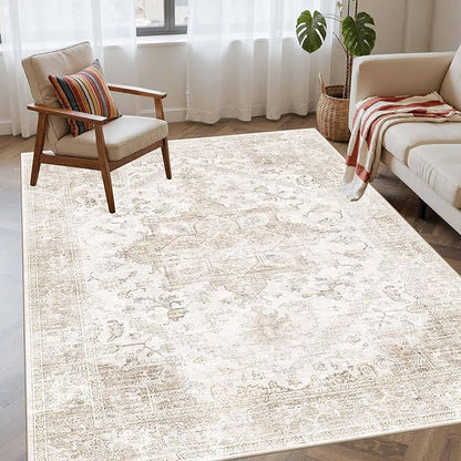 Rugxara Washable Area Rug for Living Room, Vintage Boho Rugs for Office, Dining Room, Kids Room, Farmhouse, Durable Low Pile Non Slip Carpet for High Traffic Areas, Beige(4x6 ft)