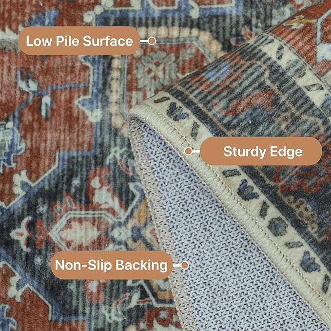 GENIMO 5FT Round Area Rugs for Living Room, Circle Rugs Machine Washable Low Pile, Chenille Non Slip Vintage Rug for Bedroom, Dining Room, Home Office, Bordeaux