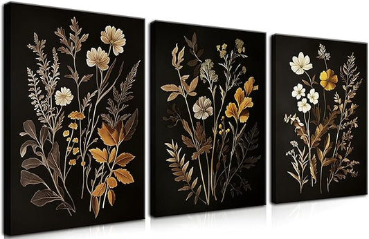 Vintage Black Flower Wall Art Decor Set of 3, Beautiful Wildflower Botanical Canvas Prints, Dark Academia Fall Floral Poster Painting Picture for Bedroom Living Room 12x16 Inch Framed