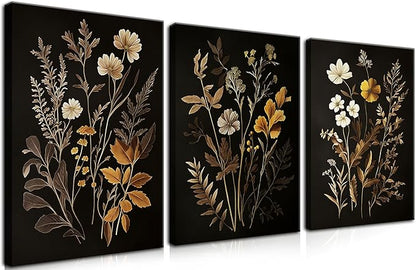 Vintage Black Flower Wall Art Decor Set of 3, Beautiful Wildflower Botanical Canvas Prints, Dark Academia Fall Floral Poster Painting Picture for Bedroom Living Room 16x24 Inch Framed