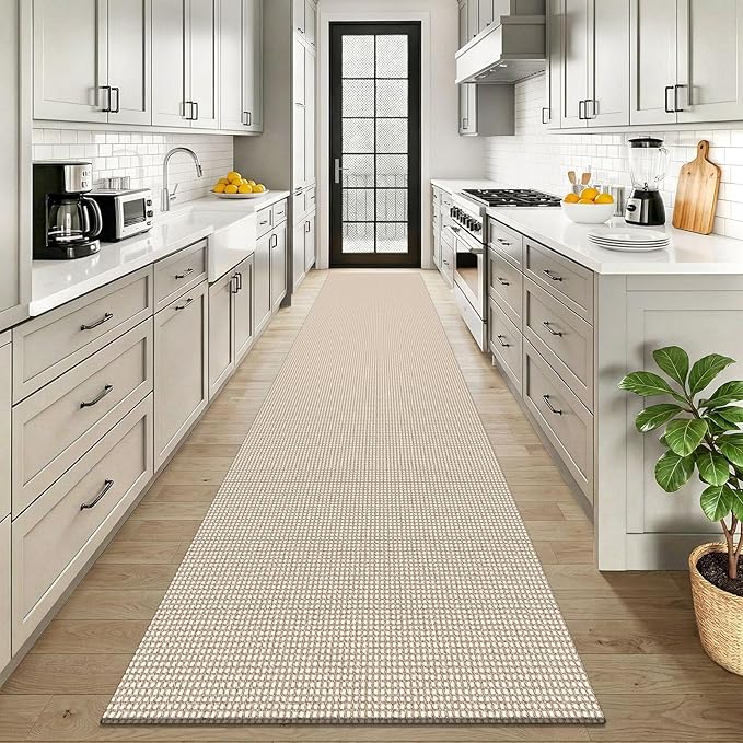 KOZYFLY Cotton 2.5'x12' Runners Rugs for Hallway, Long Washable Runner Rug, Woven Non Slip Kitchen Runner, Braided Entryway Rug, Floor Carpet for Entry, Aisle, Hall, Ivory/Camel/Brown