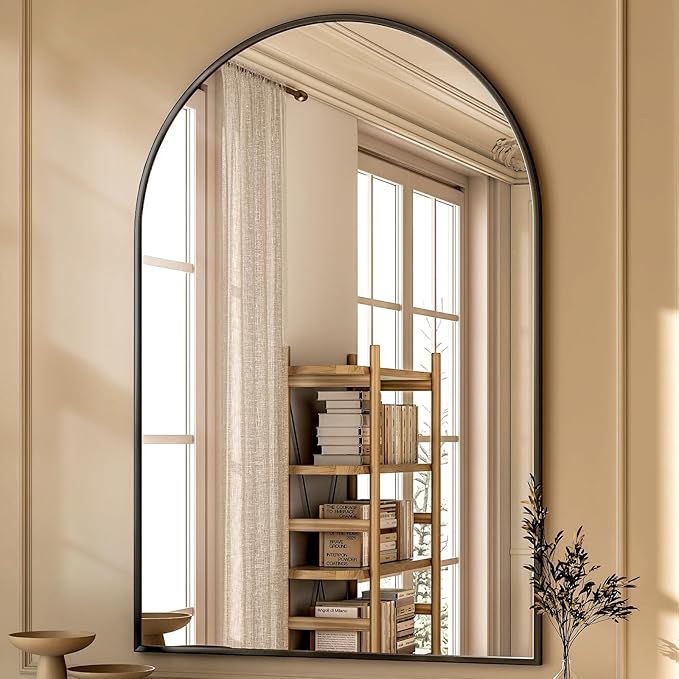 GLSLAND 24“x36” Arched Bathroom Mirror for Wall, Metal Frame Vanity Mirror, Arch Decorative Wall Mirrors for Living Room, Bedroom, Entryway, Mantle Black Dresser Mirror