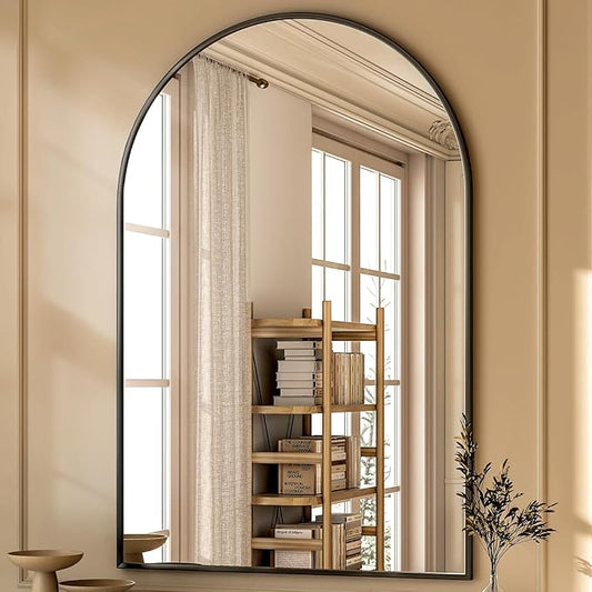 GLSLAND 24“x36” Arched Bathroom Mirror for Wall, Metal Frame Vanity Mirror, Arch Decorative Wall Mirrors for Living Room, Bedroom, Entryway, Mantle Black Dresser Mirror