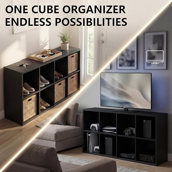 YESHOMY Modern TV Stand for Televisions up to 55 Inch, Mid Century Entertainment Center with 8 Open Shelves for 32/43/50/55 Inchs TVs, Media Console with Adjustable Shelves for Living Room, Black
