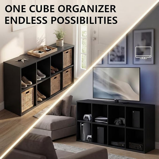 YESHOMY Modern TV Stand for Televisions up to 55 Inch, Mid Century Entertainment Center with 8 Open Shelves for 32/43/50/55 Inchs TVs, Media Console with Adjustable Shelves for Living Room, Black