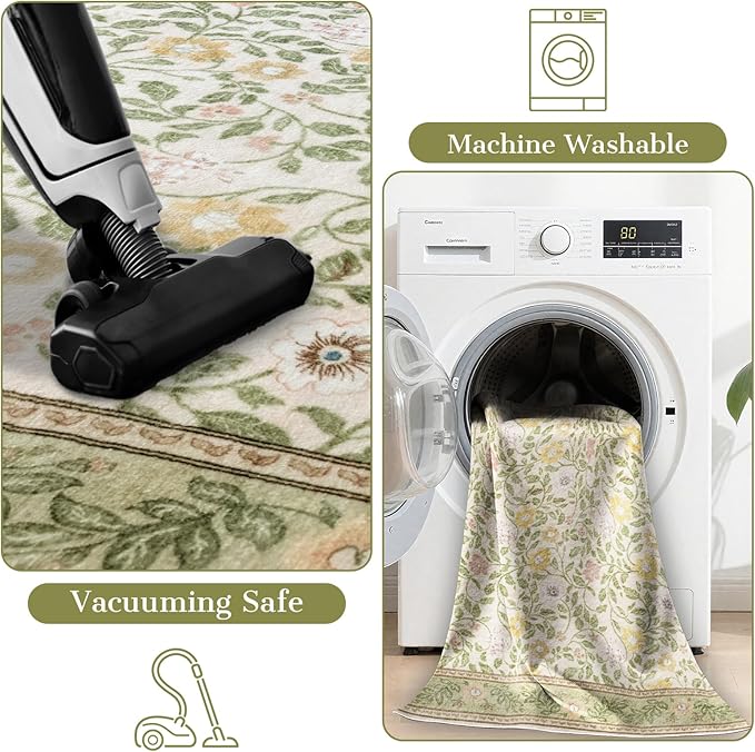 Floral 6x9 Area Rugs Machine Washable Boho Low Pile Soft Vintage Carpet for Living Room with Non Silp for Bedroom,Dining Room,Laundry Indoor,Beige/Green