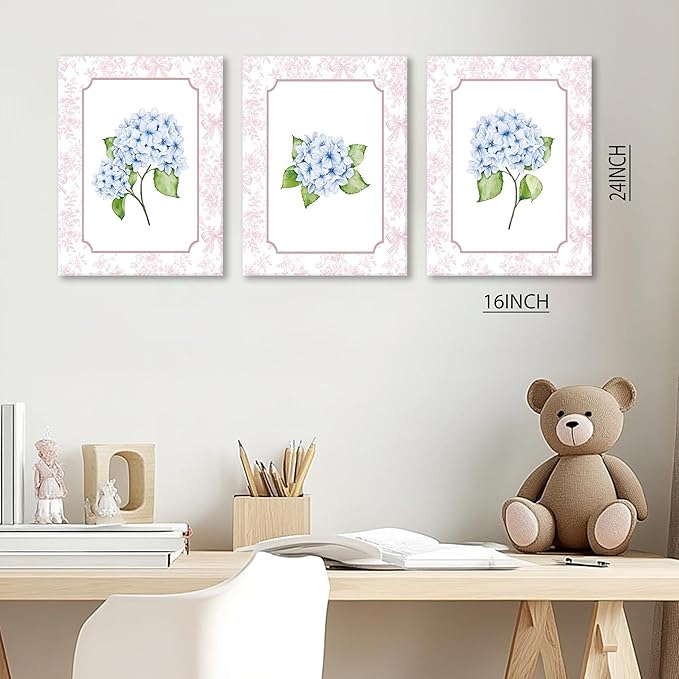 Blue Hydrangea Wall Art Set of 3, Preppy Blue Hydrangea Canvas Prints Poster Picture, Floral Aesthetic Wall Decor for Teen Girls Bedroom Dorm Apartment 16x24 Inch Framed