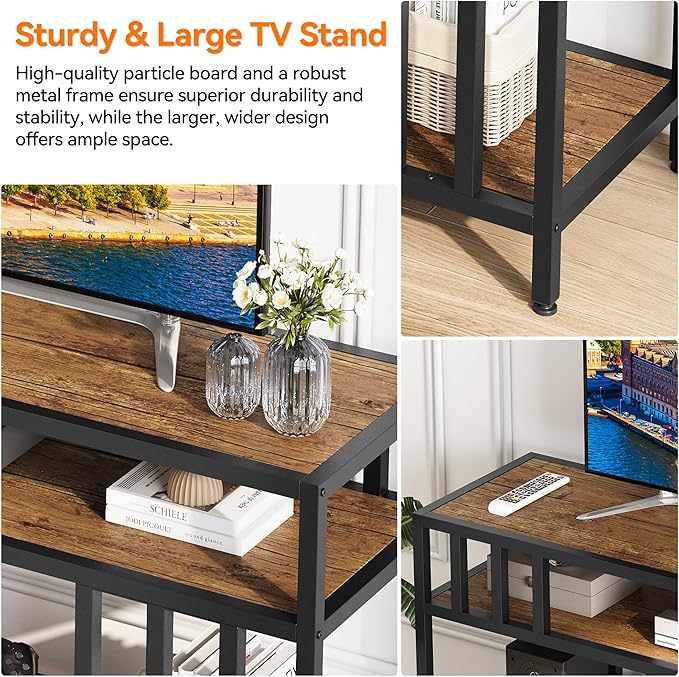 65'' TV Stand for Television up to 75 Inches, Entertainment Center with 3-Tier Open Storage Shelves, TV Media Console Table with Quadruple-Tube Support for Living Room, Rustic Brown