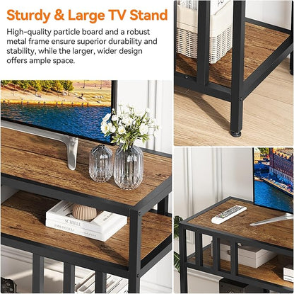 65'' TV Stand for Television up to 75 Inches, Entertainment Center with 3-Tier Open Storage Shelves, TV Media Console Table with Quadruple-Tube Support for Living Room, Rustic Brown