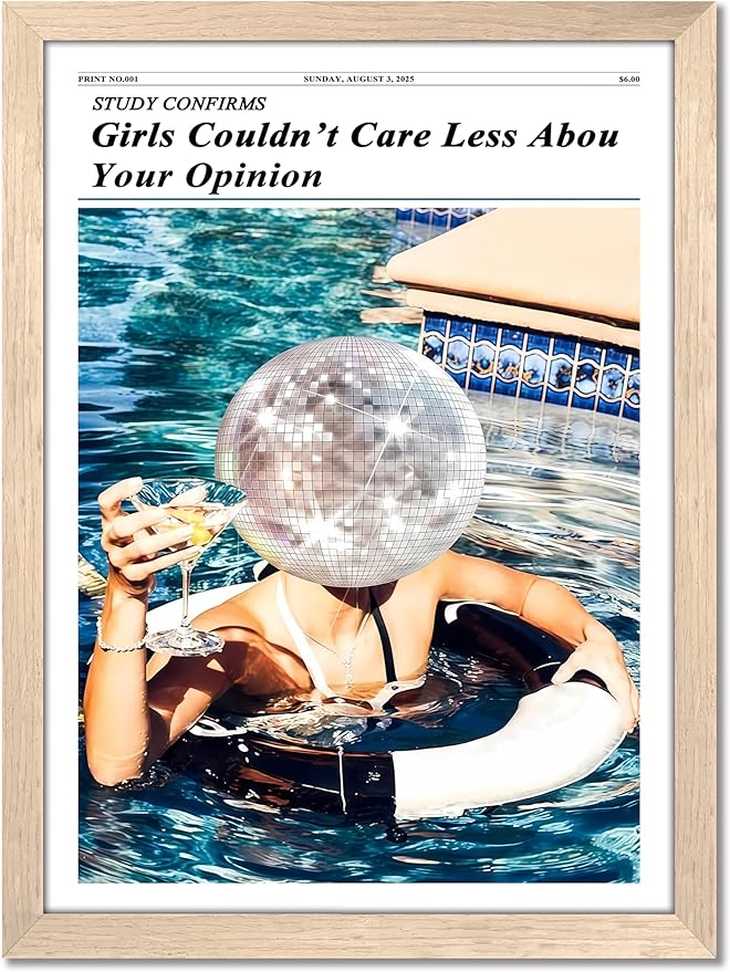 Wood Framed Disco Ball Head Girl Wall Art, Funny Newspaper Style Poster Print, Vintage Aesthetic Pool Party Canvas Painting, Trendy Feminist Quote Wall Decor for Bedroom Living Room Dorm 12x16 inch