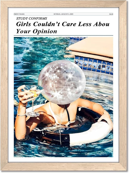 Wood Framed Disco Ball Head Girl Wall Art, Funny Newspaper Style Poster Print, Vintage Aesthetic Pool Party Canvas Painting, Trendy Feminist Quote Wall Decor for Bedroom Living Room Dorm 12x16 inch