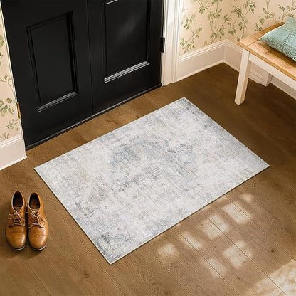 Blue and Gray 2x3 Washable Rug for Bathroom, Entryway Indoor, Kitchen Floor Waterproof, Powder Room, Non Slip Low Pile Stain & Fade Resistant Small Throw Rug, Modern Abstract Decor