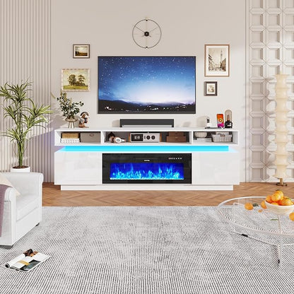 chartustriable Fireplace TV Stand for 95" TV, 83" LED Entertainment Center with 40" Fireplace & Power Outlets, High Gloss TV Stand, Gaming TV Media Console for Living Room, 83 Inch, White