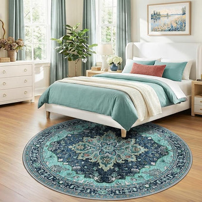 RELEANY Area Rugs Round 7ft Washable Non-Slip, Floral Vintage Distress Print Pattern Medallion Carpet for Living Room Bedroom Dining Room, Teal Green Lake Blue Turquoise