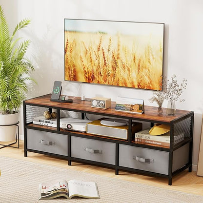 Giantex Dresser TV Stand for 65 Inch TV, Modern Entertainment Center w/Power Outlets, Open Shelf & Fabric Drawers, Television Stands, TV Console Table for Living Room Bedroom (Rustic Brown+Black)