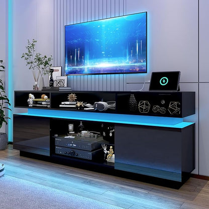 chartustriable LED TV Stand for 75 Inch TV, Modern Tall Entertainment Center with Power Outlets, High Gloss TV Stand, Gaming TV Media Console with Glass Shelf for Living Room, 63 Inch, Black