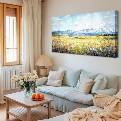 SERIMINO Outdoor Landscape Large Wall Art, Nature Country Scenic Canvas Art Prints, Meadow Wildflowers Big Artwork for Walls, Mountain Cloud Sunlit Pictures for Living Room Dining Room 29"X57"