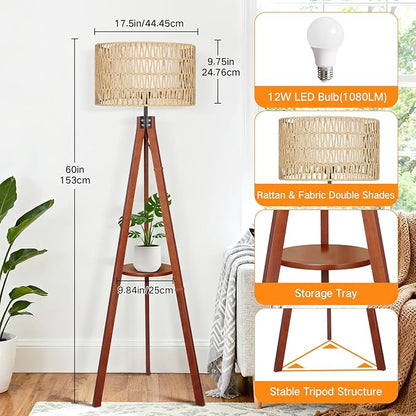 OUTON Boho Rattan Tripod Floor Lamp with Shelves, Remote Control, Dimmable Mid Century Modern Standing Lamp 58.5" for Bedroom, Living Room & Office, Lamp Shade Includes E26 9W Bulb, Walnut