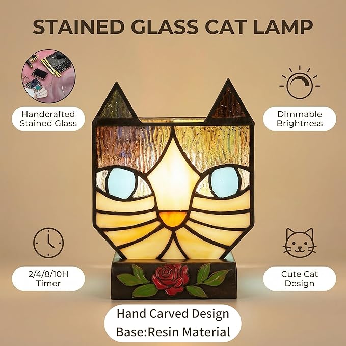 Stained Glass Cat Lamp, Tiffany Style Table Lamp with 24H Cycle Timer, Small Table Lamp with Dimmable Timing Function, Cat Gifts for Women,Cat Lovers,Cat Remembrance Gifts
