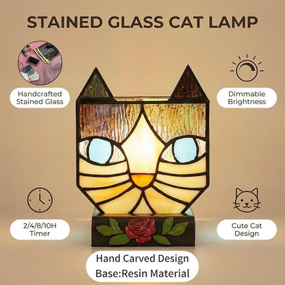 Stained Glass Cat Lamp, Tiffany Style Table Lamp with 24H Cycle Timer, Small Table Lamp with Dimmable Timing Function, Cat Gifts for Women,Cat Lovers,Cat Remembrance Gifts