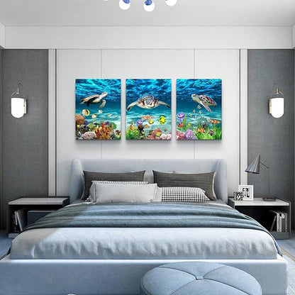 Lapremoly Family Wall Decor for Living Room Canvas Wall Art for Bedroom Bathroom Wall Decoration Ocean Sea Turtle Scenery Paintings Modern Pictures Artwork office Ready to Hang Home Decor 3 Pieces