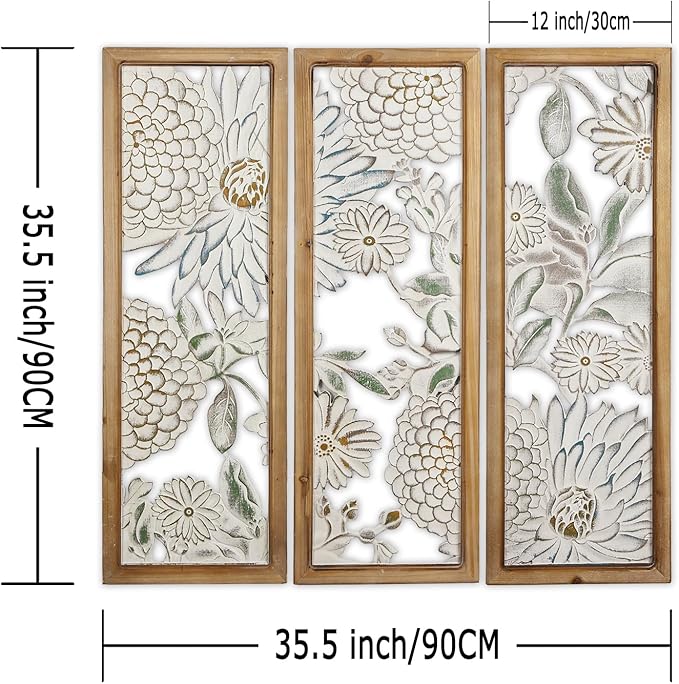 XIAOAIKA Boho Carved Wall Art Decor, 35.5 Inch Hand-Carved Panels, Antique Distressed White Wall Sculpture, Decorative Hanging Wall Décor, Elegant Vintage Wall Art Plaque (3 Panels)